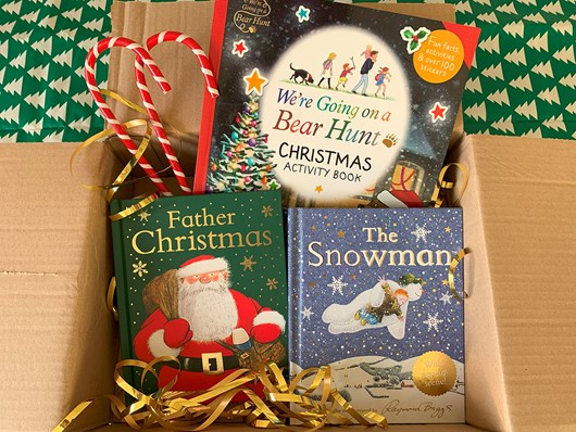 Christmas books inside a cardboard box