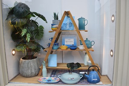 Giftshop window display. Triangle shapped shelving featuring books, plants and cookware