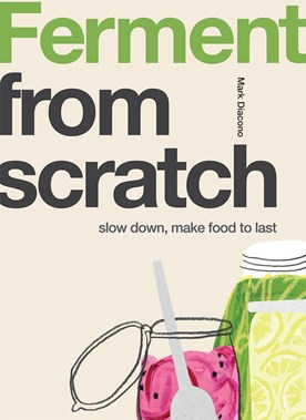 Book cover for Ferment from Scratch featuring illustration of jars containing coloured ingredients.