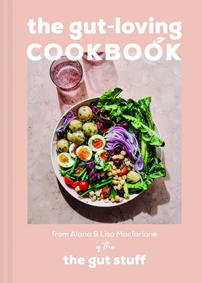 Pink book cover for the Gut Loving Cookbook featuring plate of healthy food.