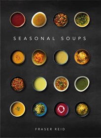 Seasonal Soups book cover featuring bowls of soup on a black background