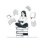 Black and white illustration of a woman sitting on a stack of books.
