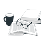 black and white illustration of books and a pair of glasses