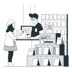 Black and white illustration of a man serving a customer in a shop.